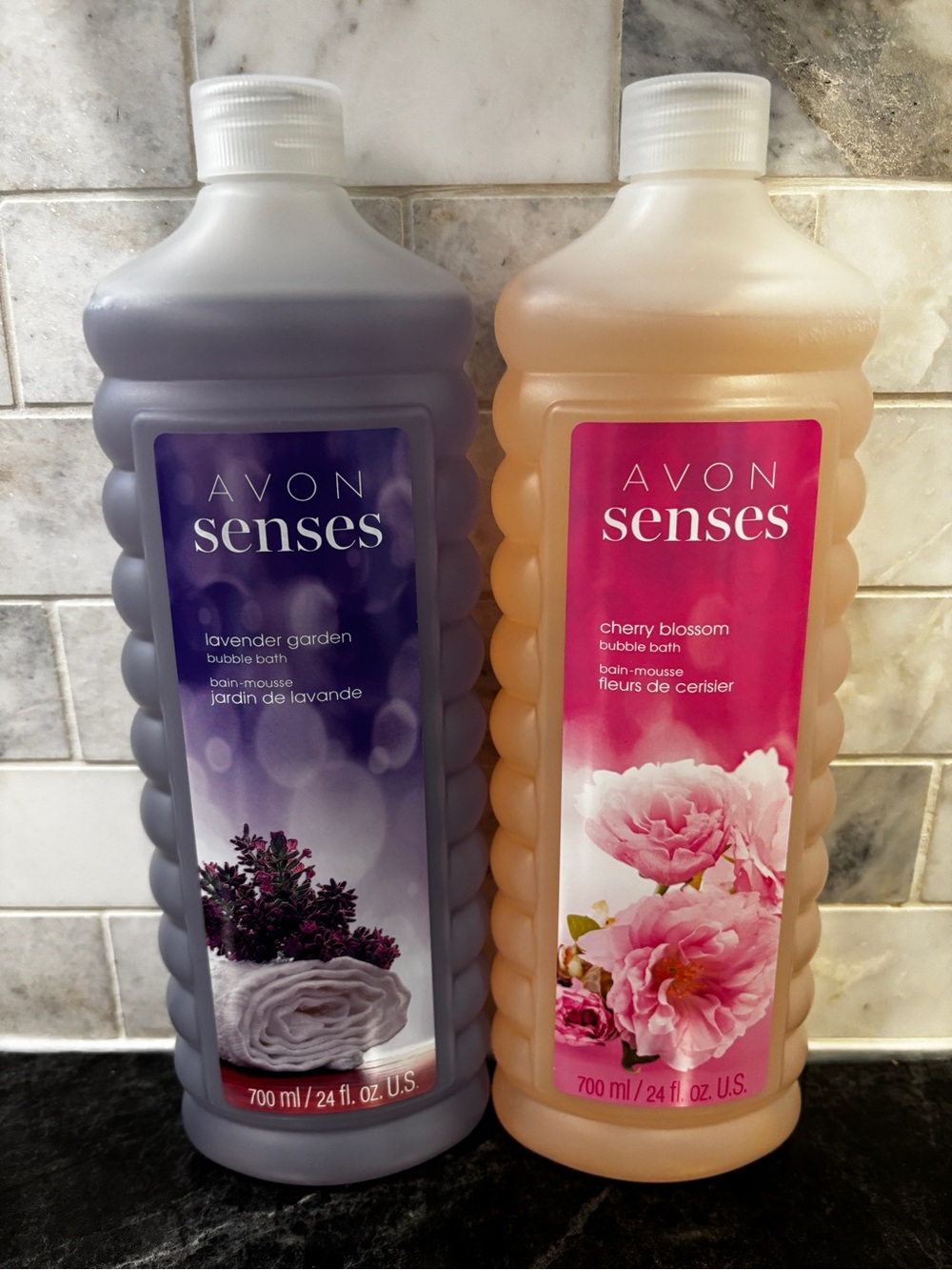 Avon Senses Lavender Garden (purple) & Cherry Blossom (pink) Bubble Bath Duo